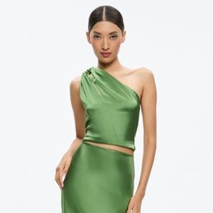 Alice + Olivia Piera One Shoulder Twist Satin Top Avocado XS NWT Vegan Silk